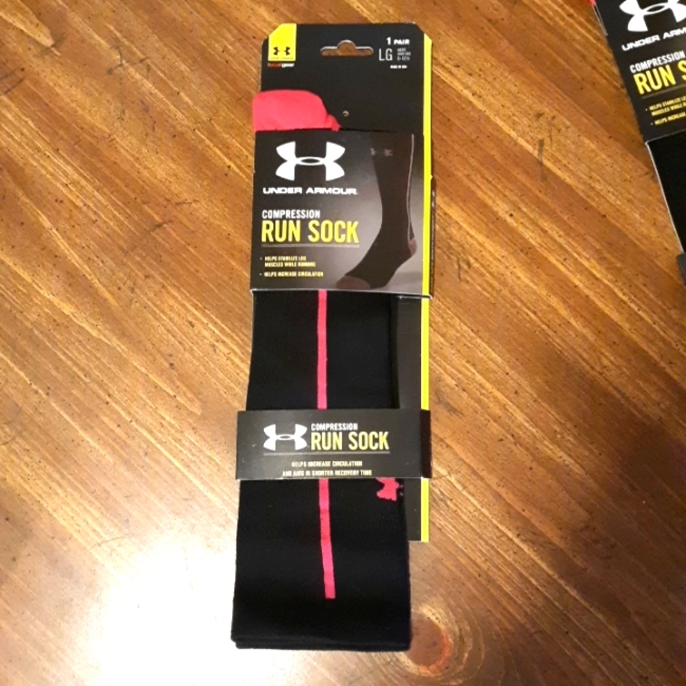 Under Armour compression run socks, size LG, black and pink